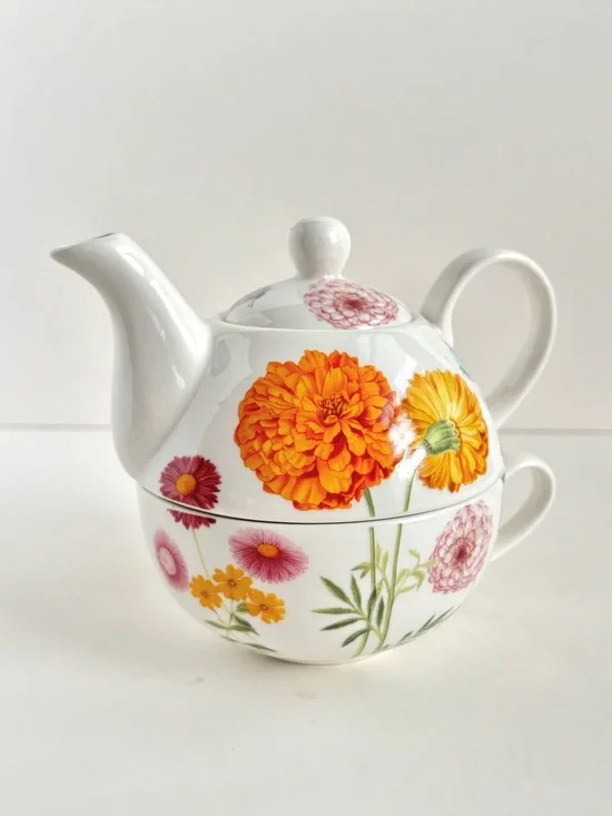 Gracie China Floral Ceramic Tea for One Set with Yellow Marigold Motif Pot & Cup
