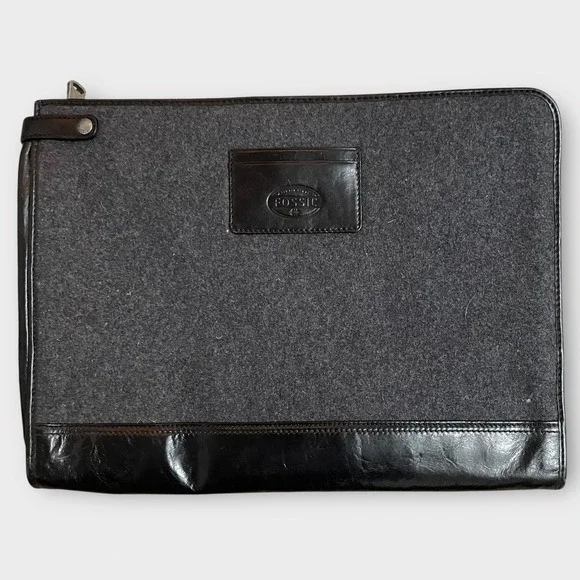 Fossil Gray Transit Wool Portfolio Laptop Tablet Document Case Leather Trim