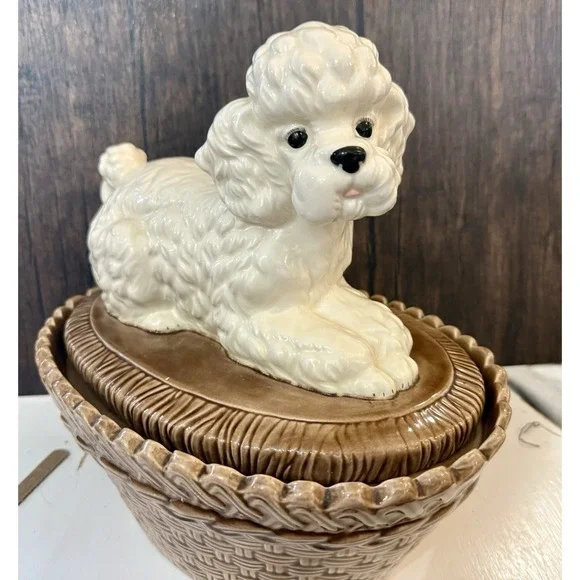 VTG‎ Poodle Dog On Brown Basket Ceramic Cookie Jar Bowl Planter Candy Dish