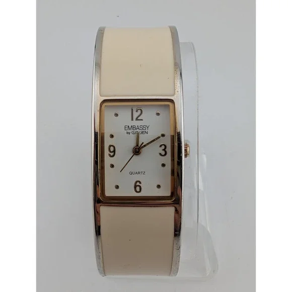 Embassy by Gruen Watch Women 20mm Case White Enamel Bangle Band- New Battery