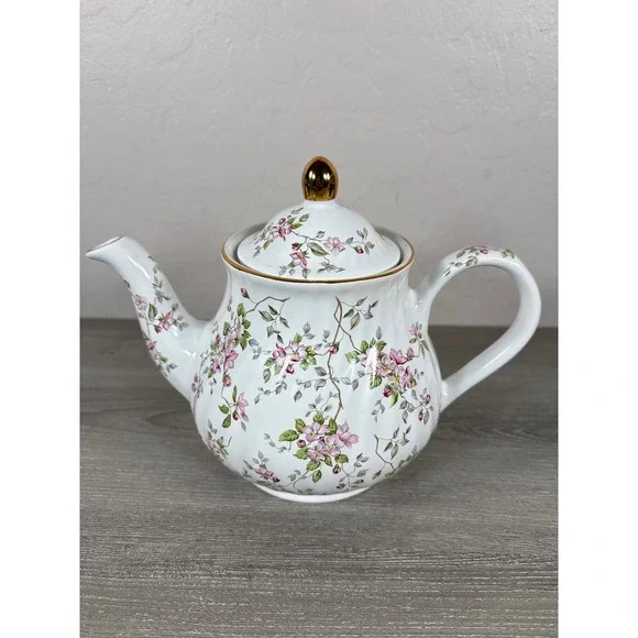 Vintage Arthur Wood & Son Swirl Effect England Teapot Pink Floral Gold Trim 6643