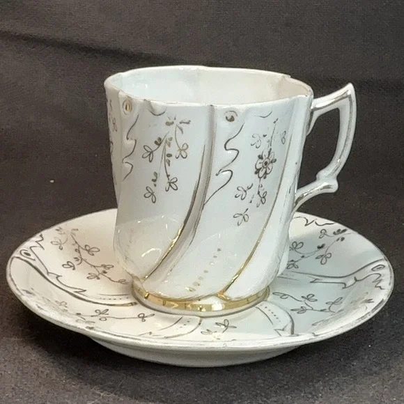 Antique Victorian Spiral Swirl Porcelain Teacup Saucer Gold Gilt Floral Tea Cup