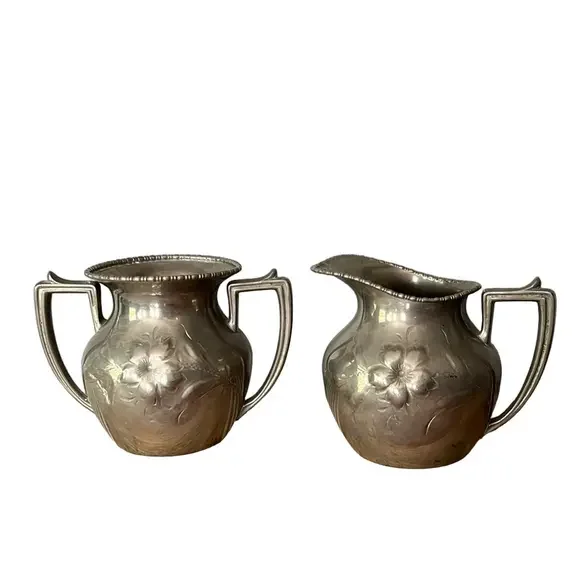 Antique Victor Silver Co Quadruple Plate Creamer & Sugar Bowl Floral Silverplate