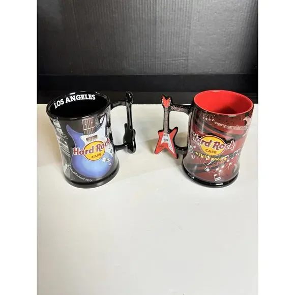 Lot Of 2 - Hard Rock Cafe Hollywood & Los Angeles Souvenir Mugs - Guitar Handle