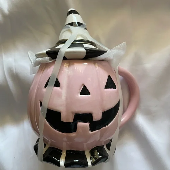 Rare Pink Jack O’ Lantern Pumpkin Coffee Mug Black White Check Witch Hat Lid 8