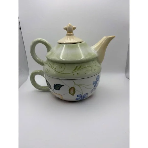 Tracy‎ Porter Hand Painted Ceramic Tea For One Set Stacking Teapot and Cup Green