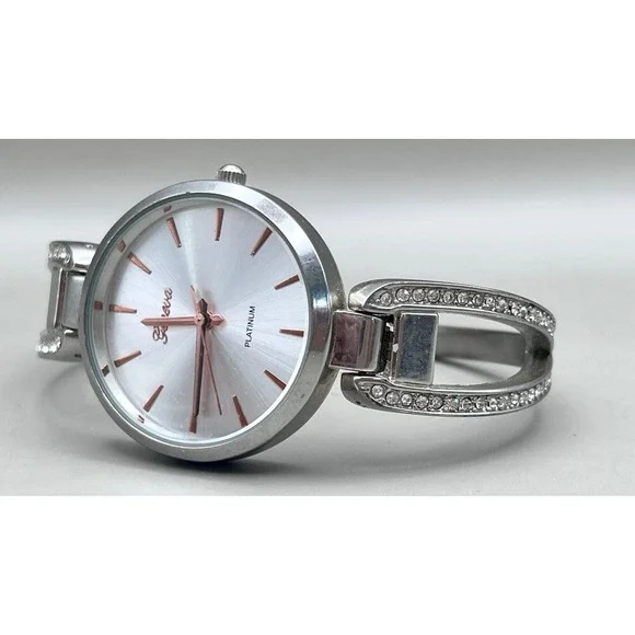 Vtg Geneva Platinum 5969 Womens Silver Tone Crystal Hinged Cuff Watch Japan Movt