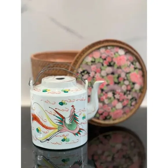 Vintage Chinese Porcelain Travel Warming Picnic Tea Set with Wicker Basket
