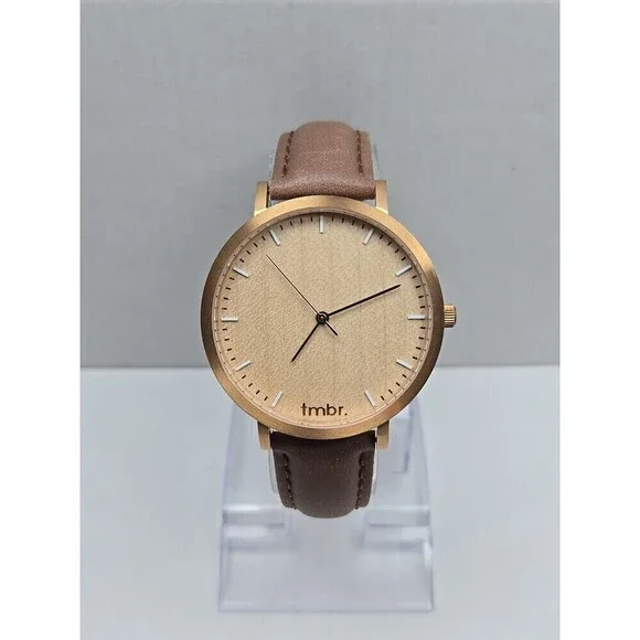 Tmbr The Helm Wood Dial Watch Rose Gold Tone 40mm Brown Leather New Battery