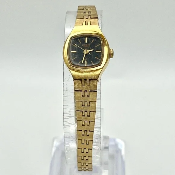 Citizen Vintage Rectangular Gold Plated Gold Black tones Ladies Watch Working