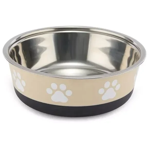 Tan Pet Bowl with Pawprint Design Stainless Steel Dog Food Bowl - large