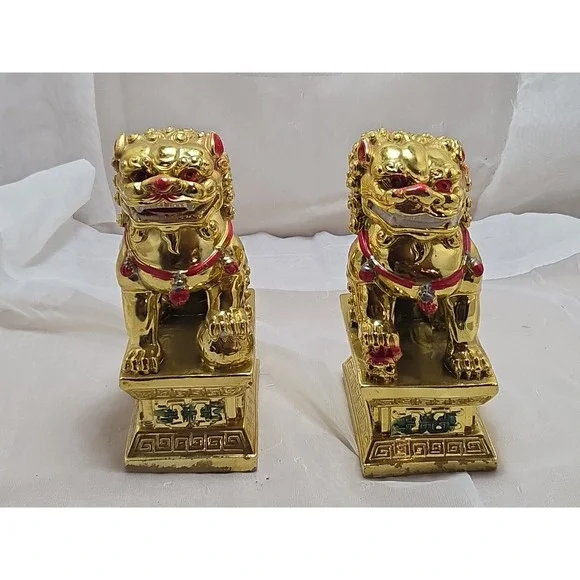 Vtg Pair Chinese Guardian‎ Foo Dogs, gold plated possibly bronze heavy 7
