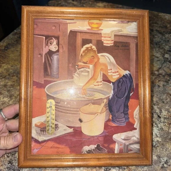 Vintage You First Boy Dog Print Thermometer Roy Baker Valley Falls KS Frame