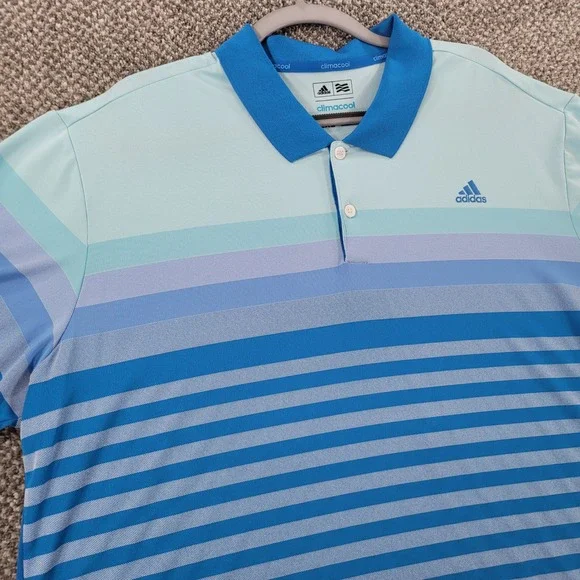 Adidas Golf Climacool Mens 2XL Polo Shirt Blue Aqua Striped Performance Short Sl