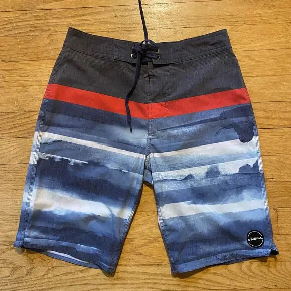 O'Neill Boys Blue Stripe Board Shorts Swim Trunks Size 28 Youth XL