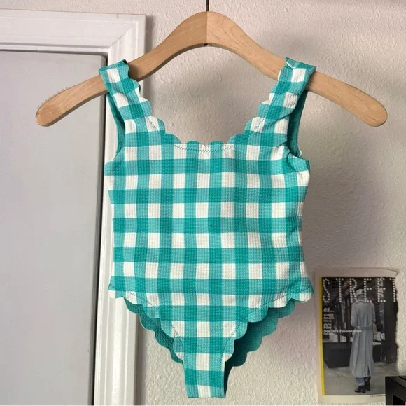 MARYSIA bumby kids girls‎ teal aqua white gingham scalloped one piece swimsuit