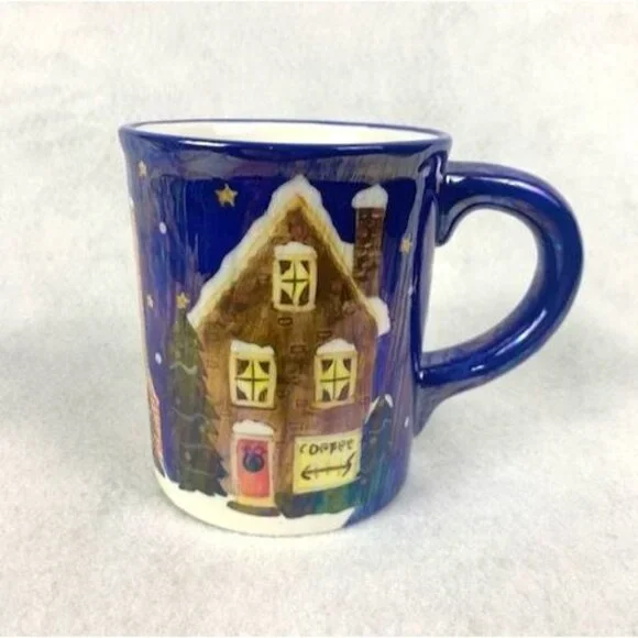 Ceramic Coffee Tea Mug by Cardinal Inc with Winter‎ Village Scene Blue Handle