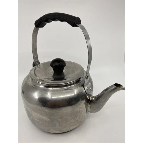 Vtg Farberware Tea Pot Kettle 7020 Stainless Steel 2 Qt. Beveled Cracked Handle