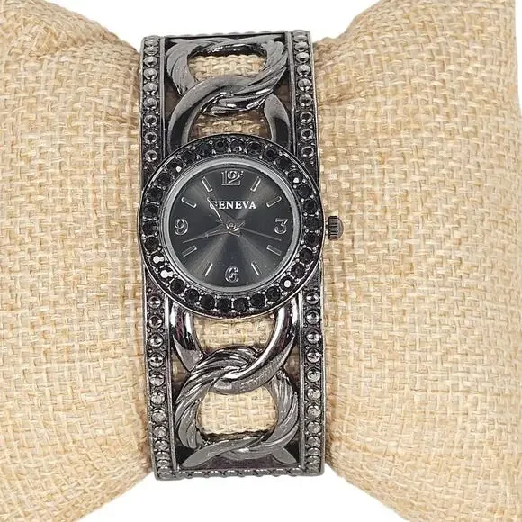 Women's Bangle Cuff Watch Gunmetal Chain Link Design Face Black Dial Geneva