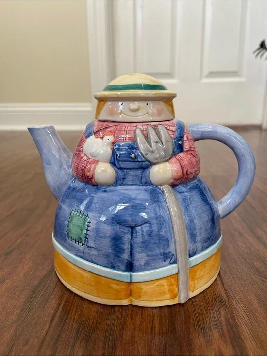 Roshco Down Home Collection Farmer Teapot 1995 Country Ceramic Kitchen Decor