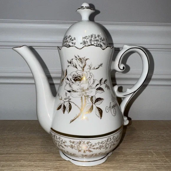 VTG 25Th Anniversary Tea Coffee Pot‎ AB-190 Norcrest Chatillon White Gold Japan