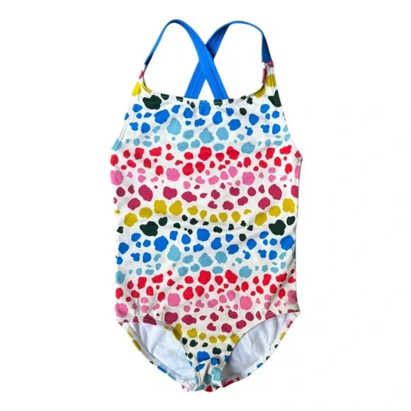 Boden Girls Multicolor Cheetah Polka Dot Cross Back One Piece Swimsuit Size 4-5Y