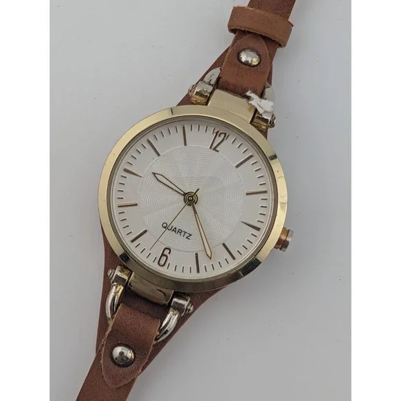 Ladies Quartz Watch 30mm‎ Gold Case Brown Faux Leather Bund Strap- New Battery