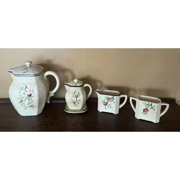 Vtg Moriyama Japan Basketweave Majolica Floral Tea Pot Set Cream Sugar Japan