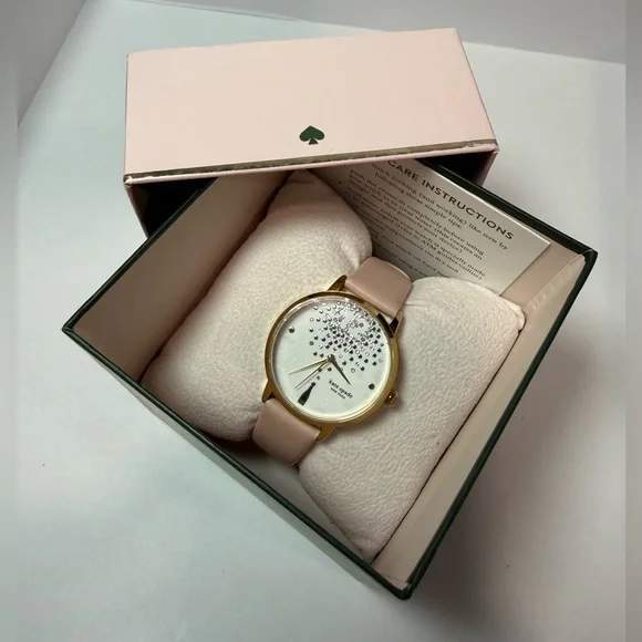 Kate Spade New York KSW9023 Crystal Dial Blush Leather Watch & Box NWT