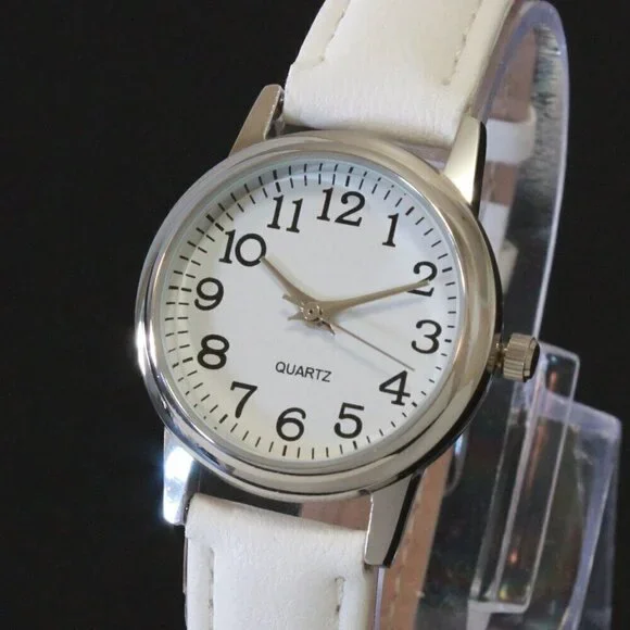 Ladies Easy Reader Dress Watch Silver Tone White Strap Arabic Numerals 28mm