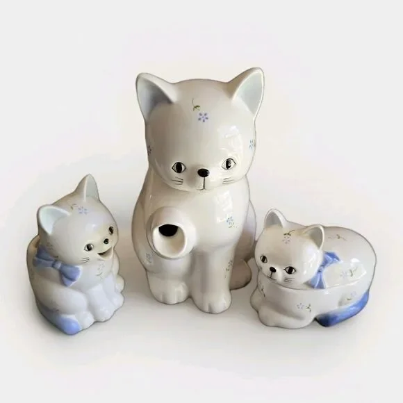 Vintage Otagiri Cat Ceramic Teapot Creamer Sugar Bowl Set - White & Blue Floral