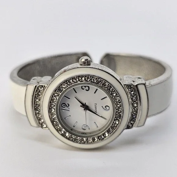 Women's Open Cuff Bangle Watch 27MM White Dial White Gray Bands 5.5