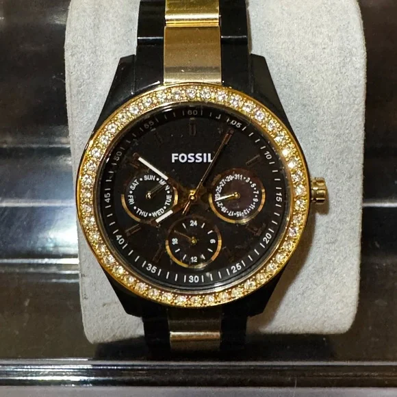 Fossil Stella Black and Gold Watch with Sparkling Accents