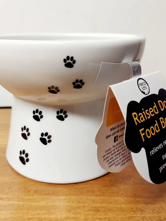 Necoichi Raised Small Dog Food Ceramic Bowl, White with Black Paw Print, 1.5 Cup