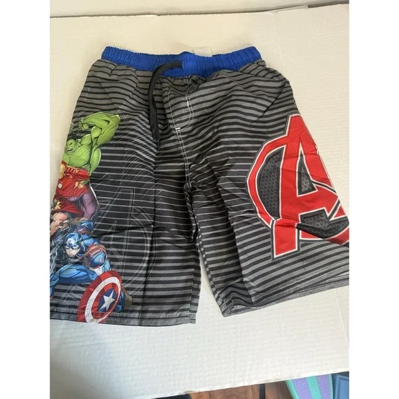 NEW Marvel Avengers Boys Swim Shorts 10/12 Black Blue Striped UPF 50+ Elastic