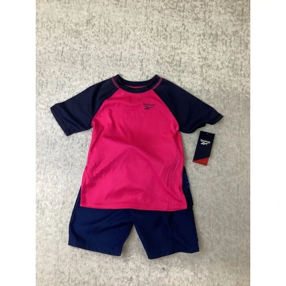 Reebok Boys 2 Piece Swim Set Rash Guard Shorts Laser Pink Navy Blue Size 6