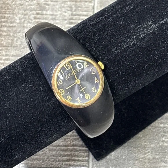JOAN RIVERS Classics BLACK W/ GOLD TONE ACCENTS Bangle Watch - Needs Battery