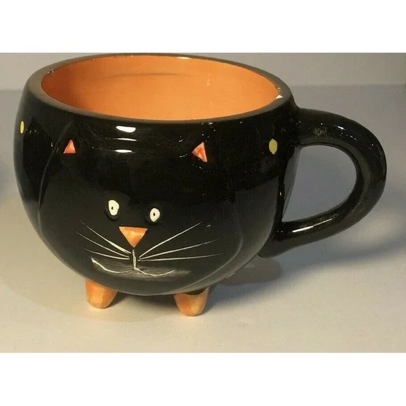 Halloween Black Cat Ghost Ceramic Mug Footed Cauldron Coffee Cup Orange Black