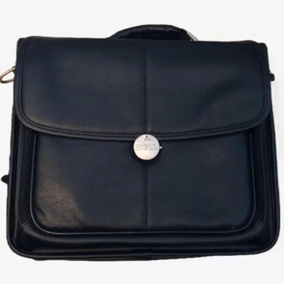 Vintage Dell Unisex Faux Black Leather Laptop Briefcase, with Strap, 16”x13”x4”