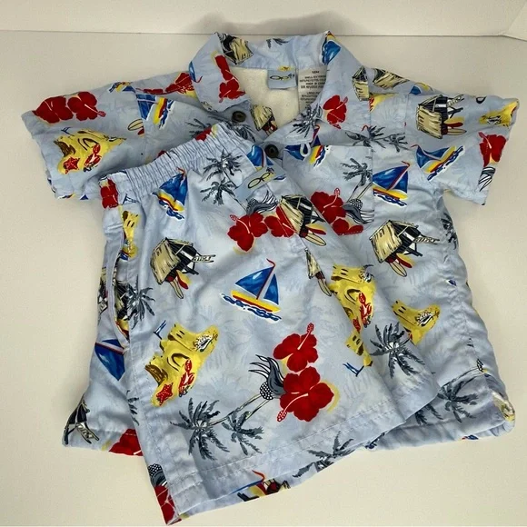 Op Sport 2 Piece Hawaiian Print Swim Terry Lined Top with Trunks 12M Y2K ✔️Flaw