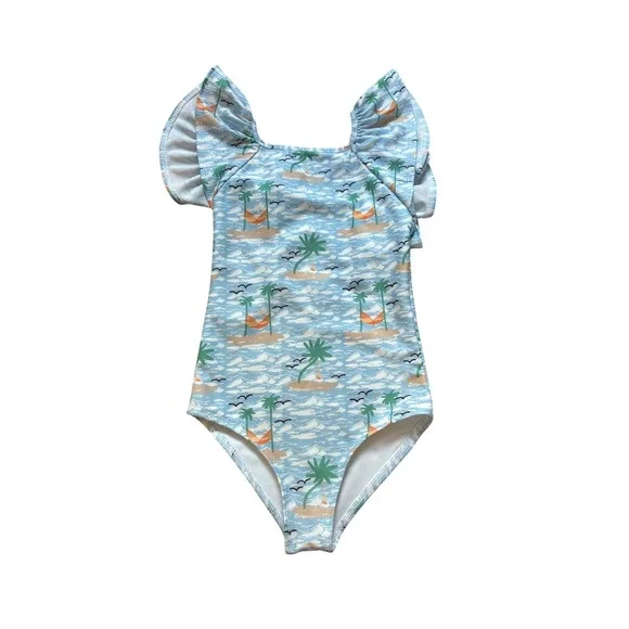 Dear‎ Georgie One Piece Swimsuit Kids Blue Tropical Ruffle Sleeve SIZE 5Y