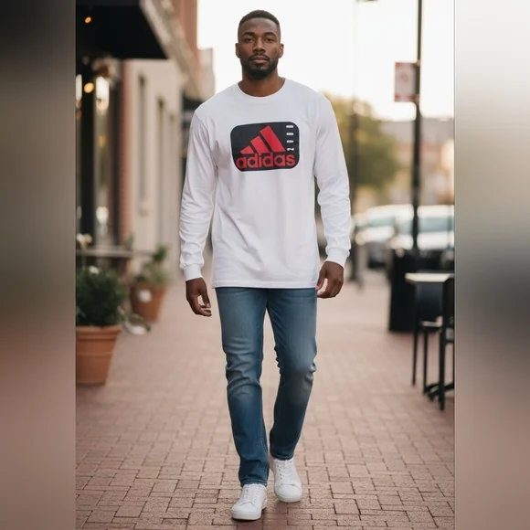 Adidas Men's White and Red Long Sleeve Tee