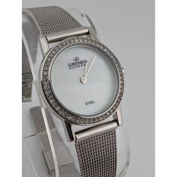 Grenen Denmark Watch Women 26mm‎ Mesh Band Crystal Accents MOP Dial- New Battery