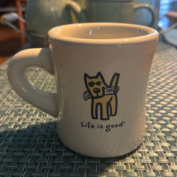Life is Good Dog with Newspaper in Mouth Coffee Mug