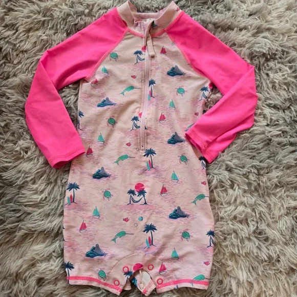 Egg New York Toddler‎ Girls Pink Tropical Island Rash Guard Swimsuit 12-18M
