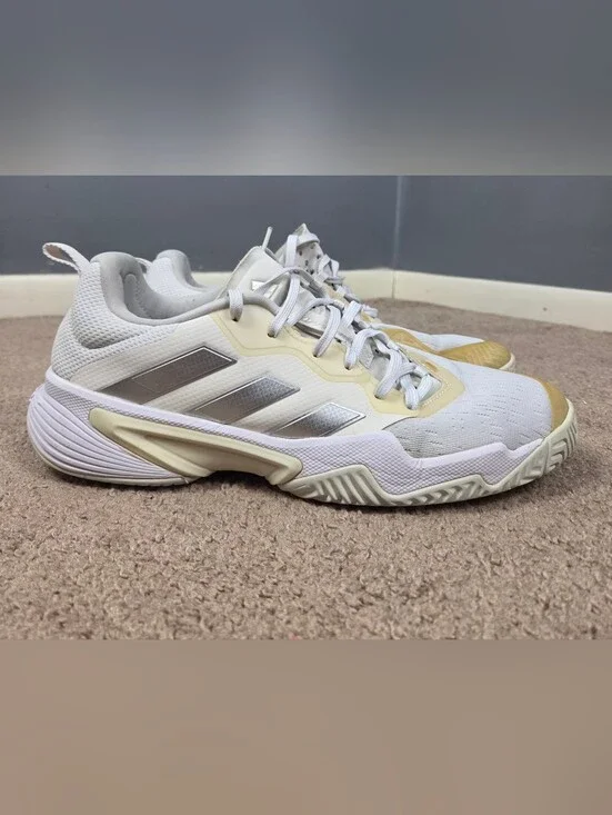 Adidas Barricade White Tennis Shoes with Silver Stripes