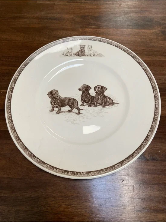 Wedgwood Two’s Company Ceramic Dog Print Dinner Plate Brown Dachshund Design
