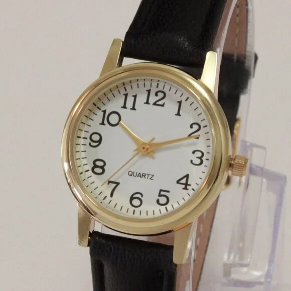 Ladies Easy Reader Dress Quartz Watch Gold-toned Black Strap White Dial 28mm