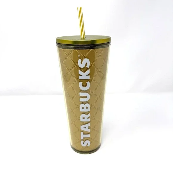 Starbucks Gold Quilted Cold Cup Tumbler 24 oz Reusable Straw Lid Chip