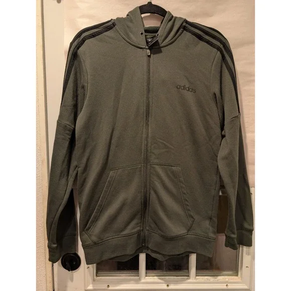 Adidas Full Zip Hoodie Olive Green 3 Stripe Jacket Casual Mens Medium 0180‎